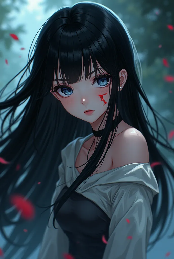 profile、cut、anime girl, scar on eye,   real、 imaginary、 black hair、sagitales、long hair、