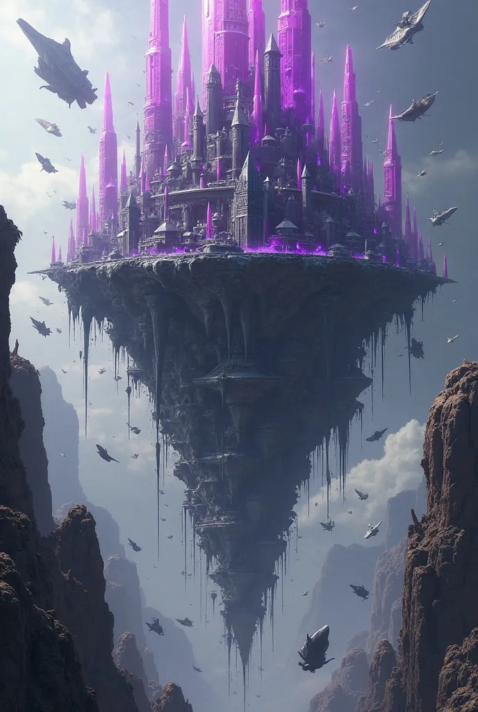 Floating city in pieces falling from the sky along with violet crystals and lots of black shadows