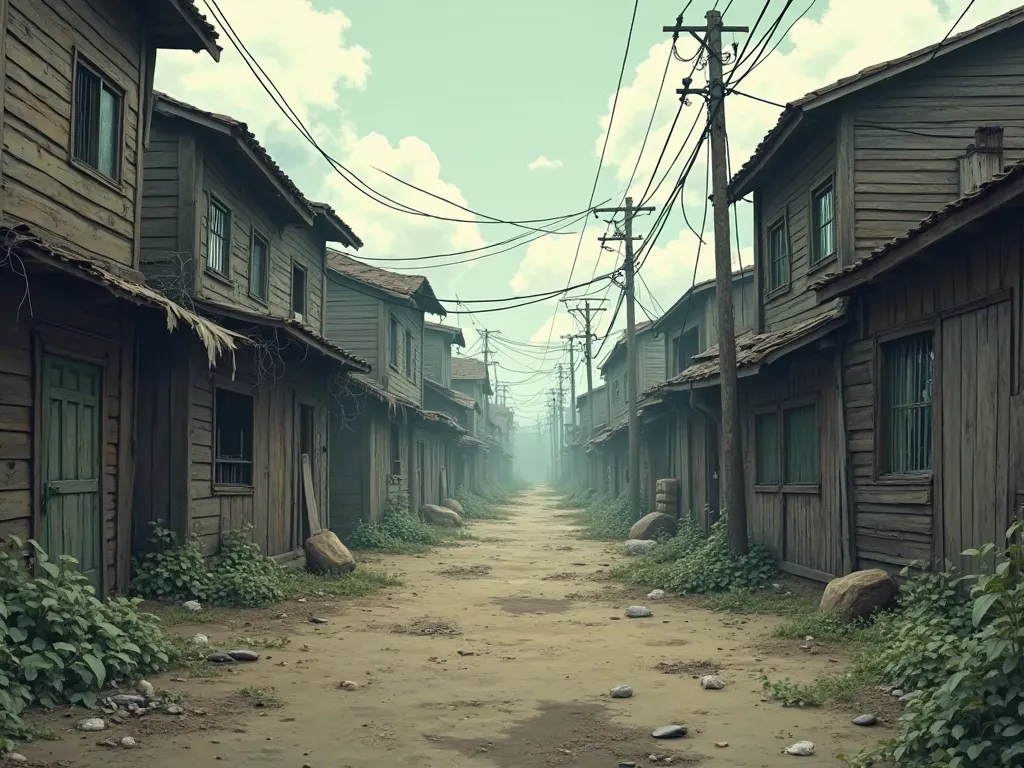 Slum streets, crumbling houses, wooden houses, dirt floor, dirty streets, quiet streets, no people, background only