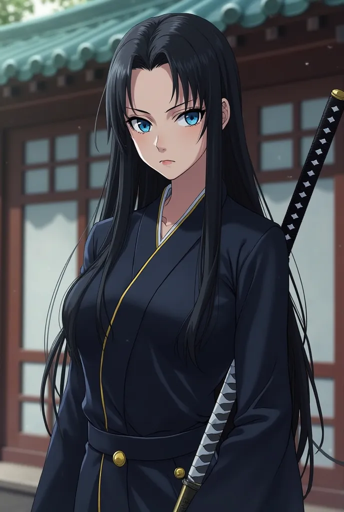 ,A woman with very long black hair with no hair on her forehead, bright blue eyes and a serious, cold expression. She wears a dark uniform similar to that of Jujutsu Kaisen, with a gold button. His posture is with his back to the image, It has a black and ...