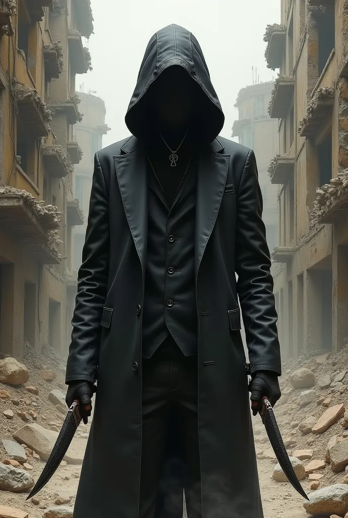 a drawing of a young man holding two curved blade tactical faces wearing a black suit with a hood covering his face and a black boot, Is he human , The background behind it is a ruined city
