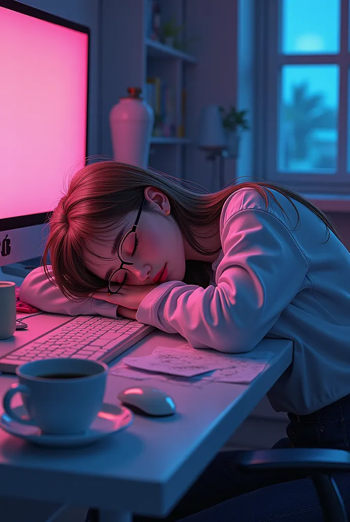 a girl wearing glasses ,  with long brown hair , sleeping on top of a tired office desk. I want the image with bright colors and neon