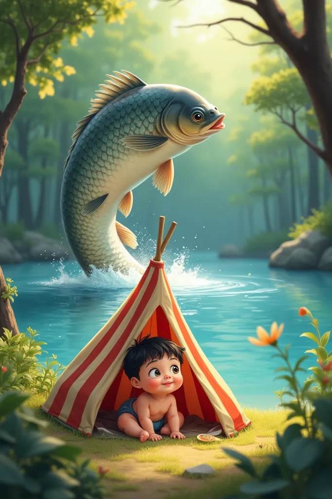 A cute baby boy is sitting in a tent
AND
upper SE tail of a large carp which is above the surface of the water of the river which is blue