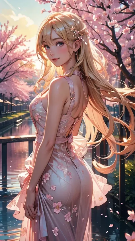 (photo realistic), highly detailed, Award-winning photography, Sharp focus,
A beautiful Scandinavian woman,
extraordinarily beautiful face, blonde, 
(look back, kind smile),
woman stands among a thousand cherry blossoms in full bloom. She wears an elegant,...