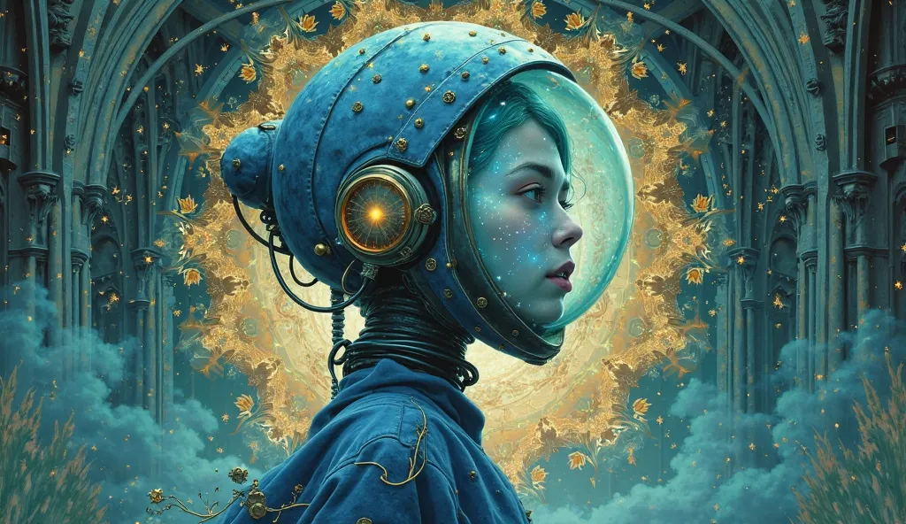 Peinture d'une femme avec un casque bleu vert a visière légèrement transparent à l'intérieur duquel on voit une galaxie et une robe bleue verte avec une montre, inspiré de gaston bussiere ambiance cathédrale, inspiré par Vincent Lefevre avec des technologi...