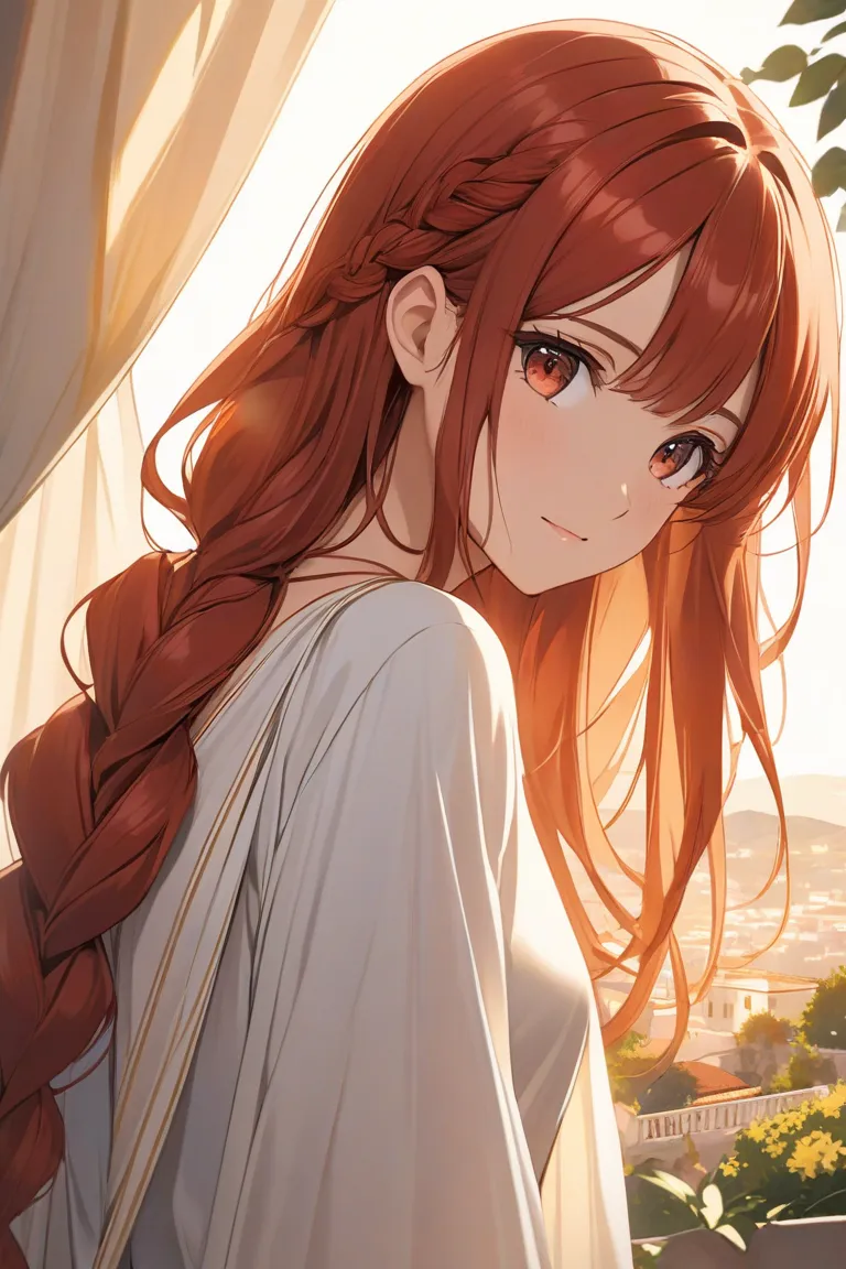 full body image anime girl with long auburn red hair, curtain bangs, braid, half up half down. brown red eyes. wearing tunic. greek