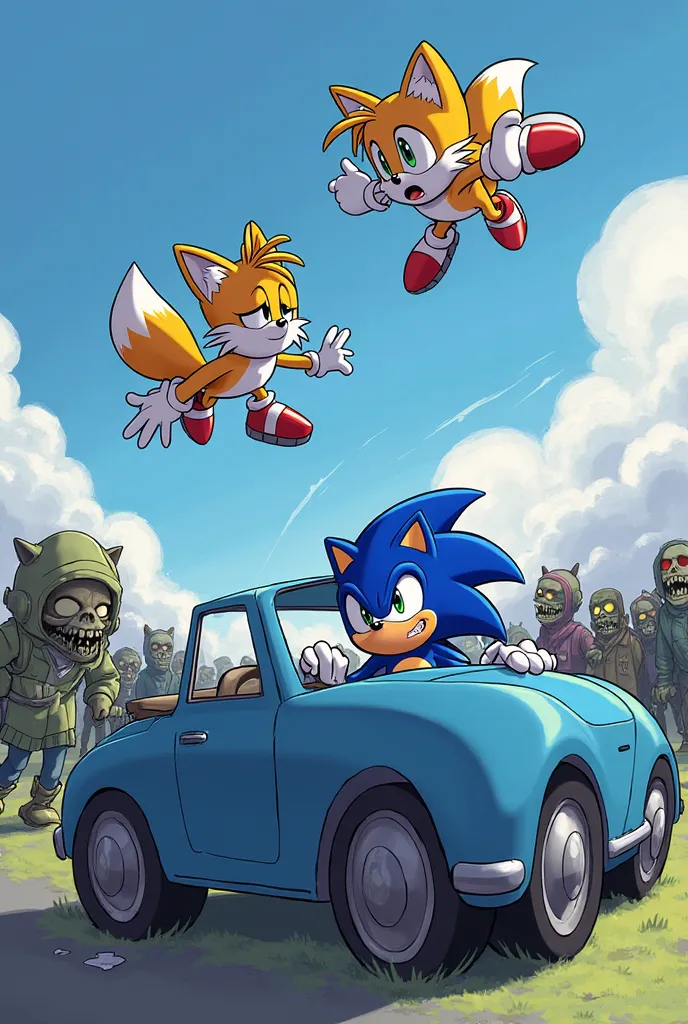 Sonic is inside a blue car, with the door open, waiting for help. He has a fearful expression as he looks around, watching the zombies approach. suddenly, Miles' Tails' appears flying in the sky, with their tails spinning. Tails quickly approaches the car ...