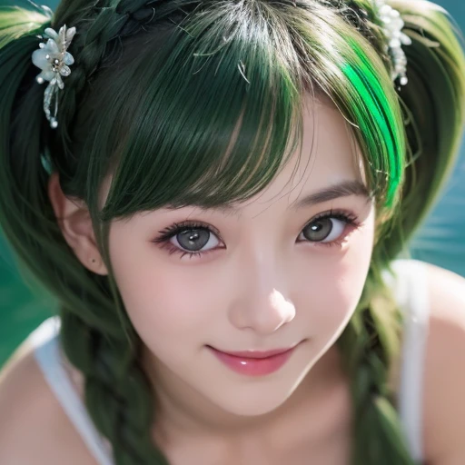  1 girl, Alone,  hair ornament ,  green hair,  Twin Tails,  long hair,  dress, water,, Mid-range portrait photography  dark fantasy background , Charming grin.,  ultra-realistic and highly detailed intricate photorealistic analog style photography Sharp fo...