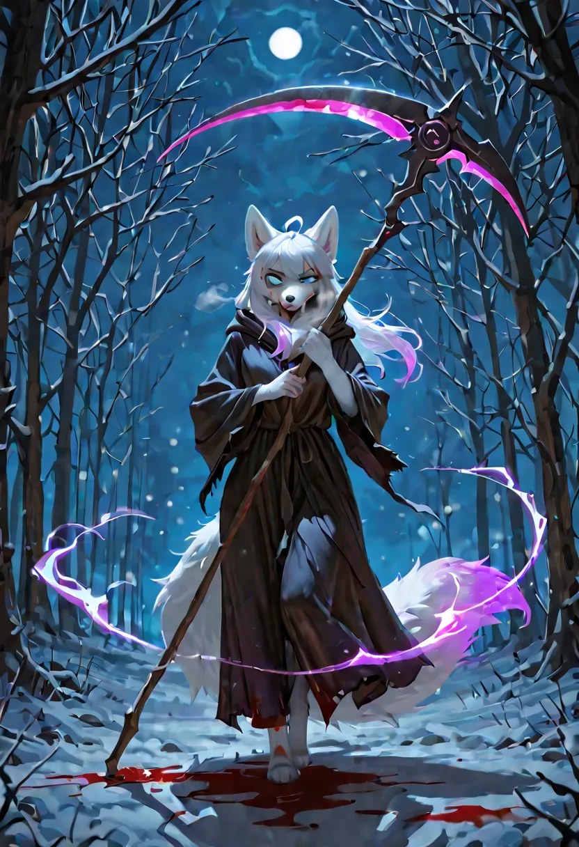 masterpiece, best quality, ultra-detailed, best illustration, solo, 1girl, dynamic pose, night, furry, anthro, fox, white fox, white fur, blue eyes, dark robe, robe, reaper, BigBig, furry, animal ears, animal tail, fur, body fur, cold, blood, blood in face...