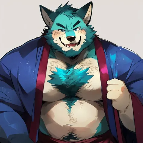 fox, furry, turquoise fur, handsome, very muscular, very big, extremely hot and sexy, beard, hair, chest hair, charming eyes, solo, male, happy expression, daddy, full body, big body, magenta medieval clothes, middle aged, by hyaku, by darkgem, by glitter ...