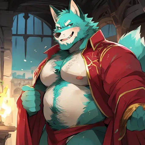 fox, furry, turquoise fur, handsome, very muscular, very big, extremely hot and sexy, beard, hair, chest hair, charming eyes, solo, male, happy expression, daddy, full body, big body, magenta medieval clothes, middle aged, by hyaku, by darkgem, by glitter ...