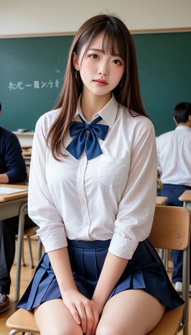 masterpiece,  best quality , 8k, ( Normal Japanese face  ),  photo shoot,   thighs, Bright classroom,  ((( is embarrassing)))、 is embarrassing、  without makeup,  detailed face,  blur the background 、curvy body、((Raise a high school made 、 white shirt、pleat...