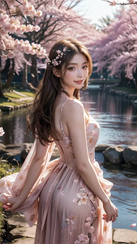 (photo realistic), highly detailed, Award-winning photography, Sharp focus,
A beautiful Scandinavian woman,
extraordinarily beautiful face, blonde, 
(look back, kind smile),
woman stands among a thousand cherry blossoms in full bloom. She wears an elegant,...