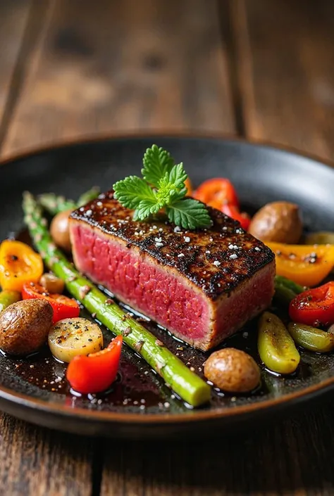 Create a vibrant image of a tuna steak platter with vegetable panache on a table