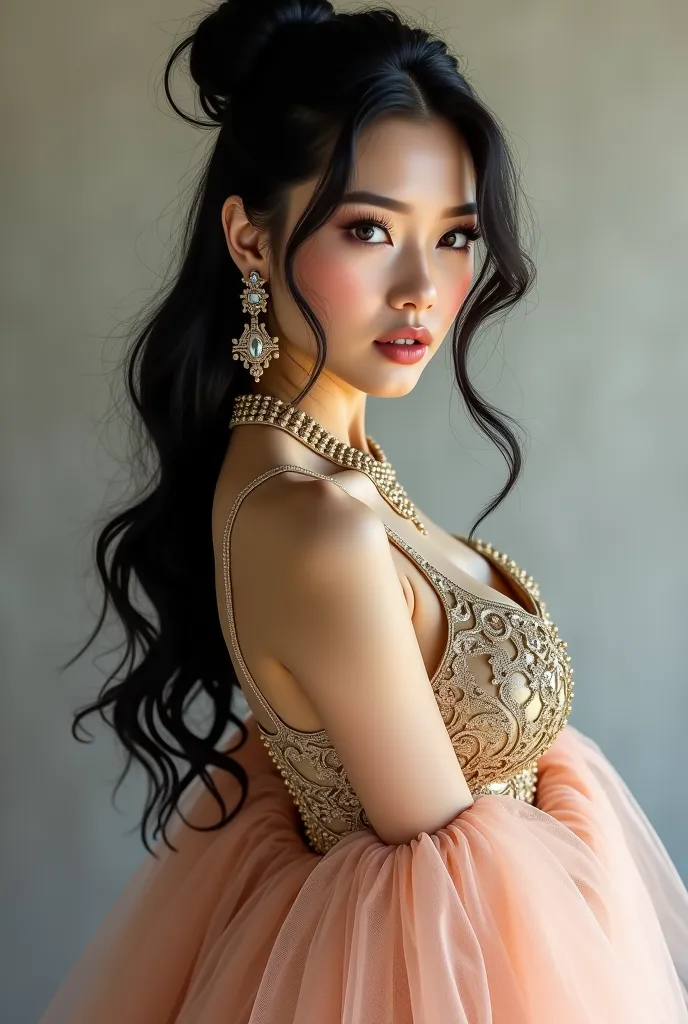 An Award Winning Portrait of a confident beautiful Asian woman with long black wavy hair in a loose updo, dressed in a beautiful fantasy gold silver peach flowy layered dress, big breasts,  big boobs, busty, knee-high boots, cat eye make-up,  beautiful eye...