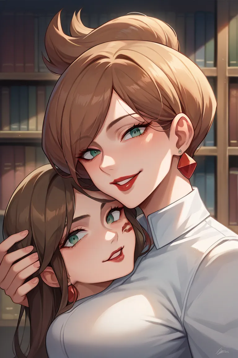 score_9, score_8_up, score_7_up, source_anime, masterpiece, 1girl, ctianjuniper, brown hair, earings, white shirt, staring at viewer, inside, library, seductive eyes, smile, red lips, zoomed in on face, face focus, red kiss mark on face, kissing viewer, no...