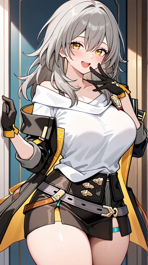 
stelle (honkai: star rail), trailblazer (honkai: star rail), 1girl, solo, long hair, looking at viewer, blush, gloves, hair between eyes,  large breasts,thick thighs, collarbone, white shirt, yellow eyes, grey hair, cowboy shot, open clothes, medium hair,...