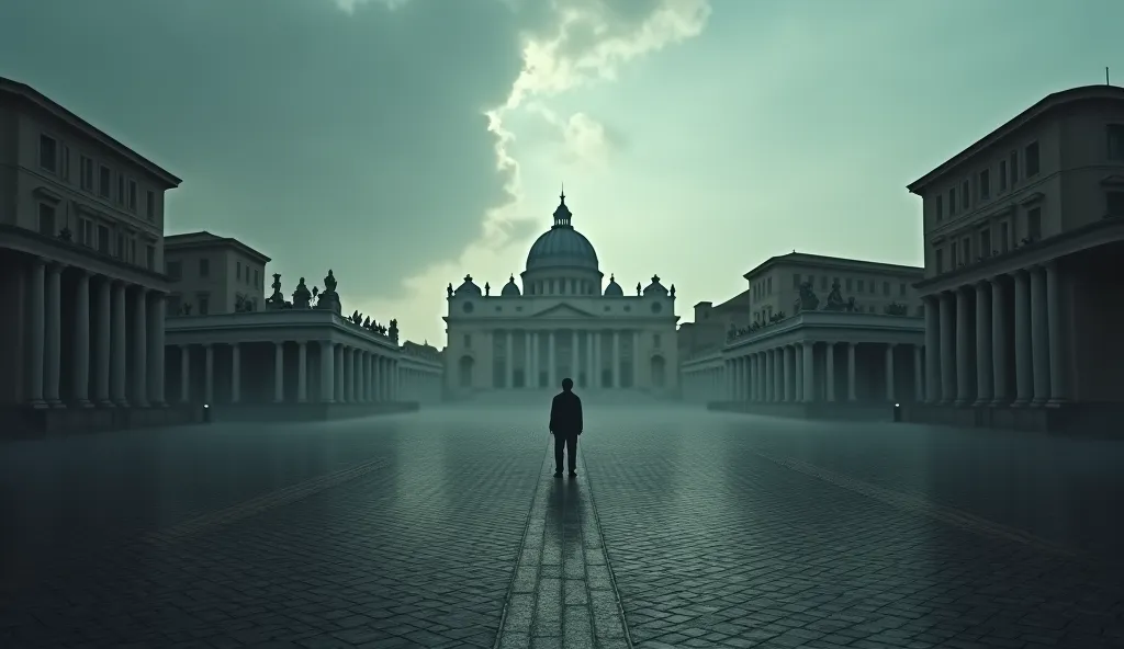 A grim view of St. Peter's Square completely empty, a harbinger of the end.
