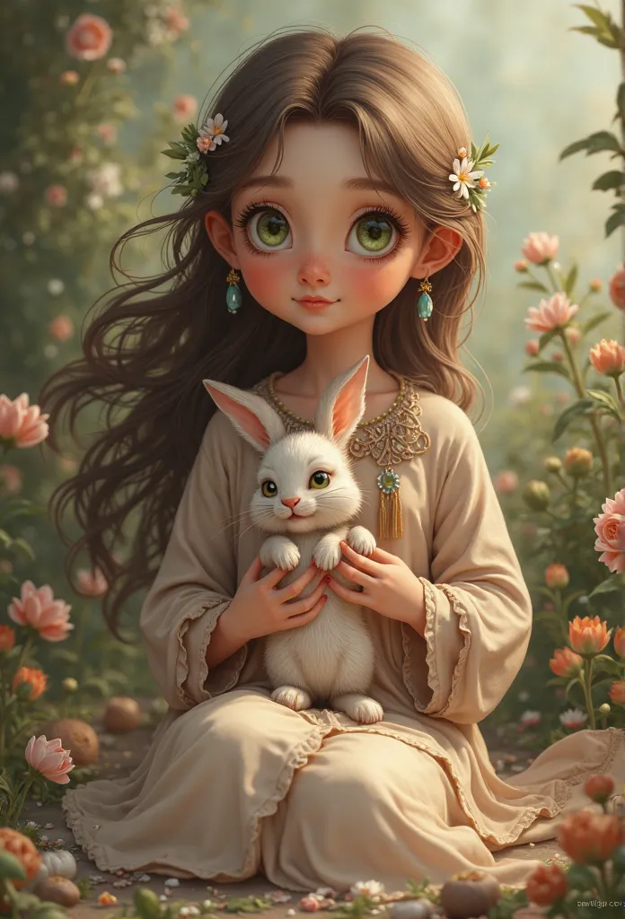 green eyes, shirt or long skirt, brown-haired, Flowers clasp and cute bunny lap are the most beautiful dessert