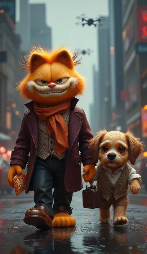 **Prompt:**  
"A **giant, humanoid Garfield**, reimagined in ultra-realistic detail, strides majestically alongside a **humanoid dog** on a bustling **city road**.  

**Garfield’s Appearance:**  
- **Face:** His iconic smug expression is amplified with ult...