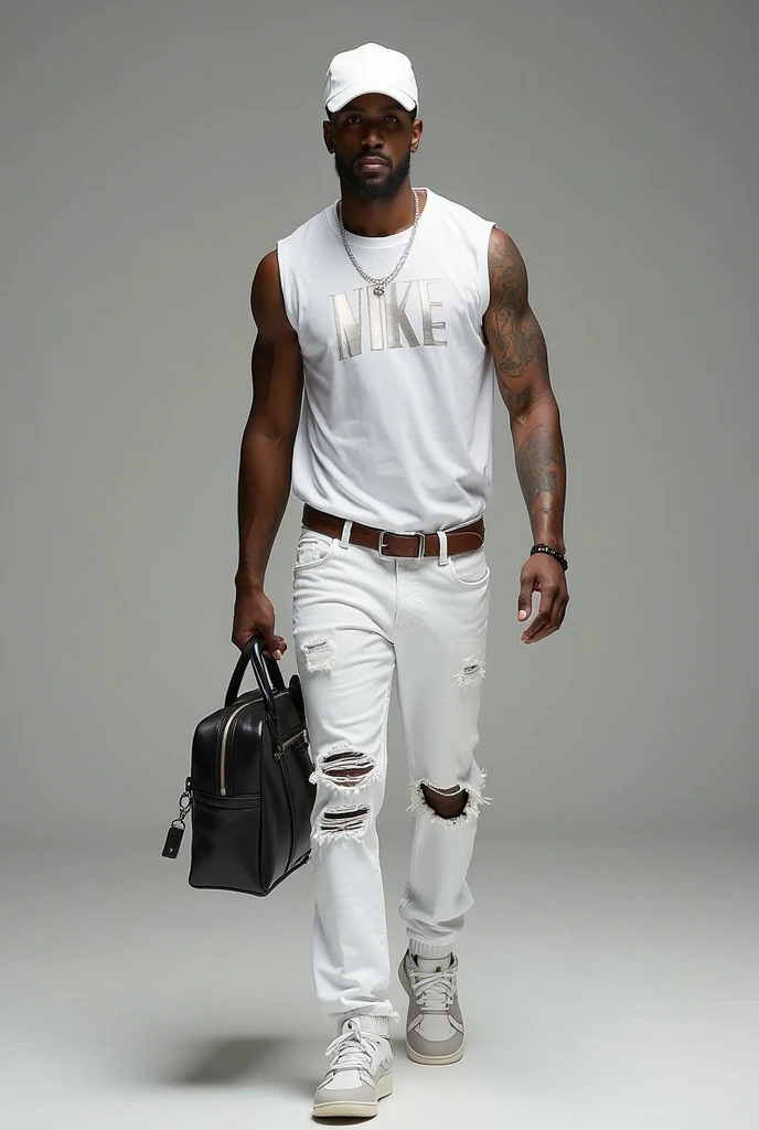 
Remote view full body.   shiny white leather, Man Y wears a white cap He wears a white sleeveless “NIKE” t-shirt and wears distressed white jeans and wears a leather belt and wears white and gray Nike shoes and a black leather bag with a diamond cross in ...