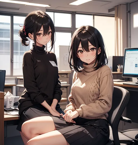 medium hair, shoulder length, black hair, hair between eyes, looking at the camera, cowboy shot, mini skirt, in the office, sit on chair, nervous, 15years old, cowboy shot, brown eyes, sweater, skirt lift, ソロ, a Japanese girl, panties