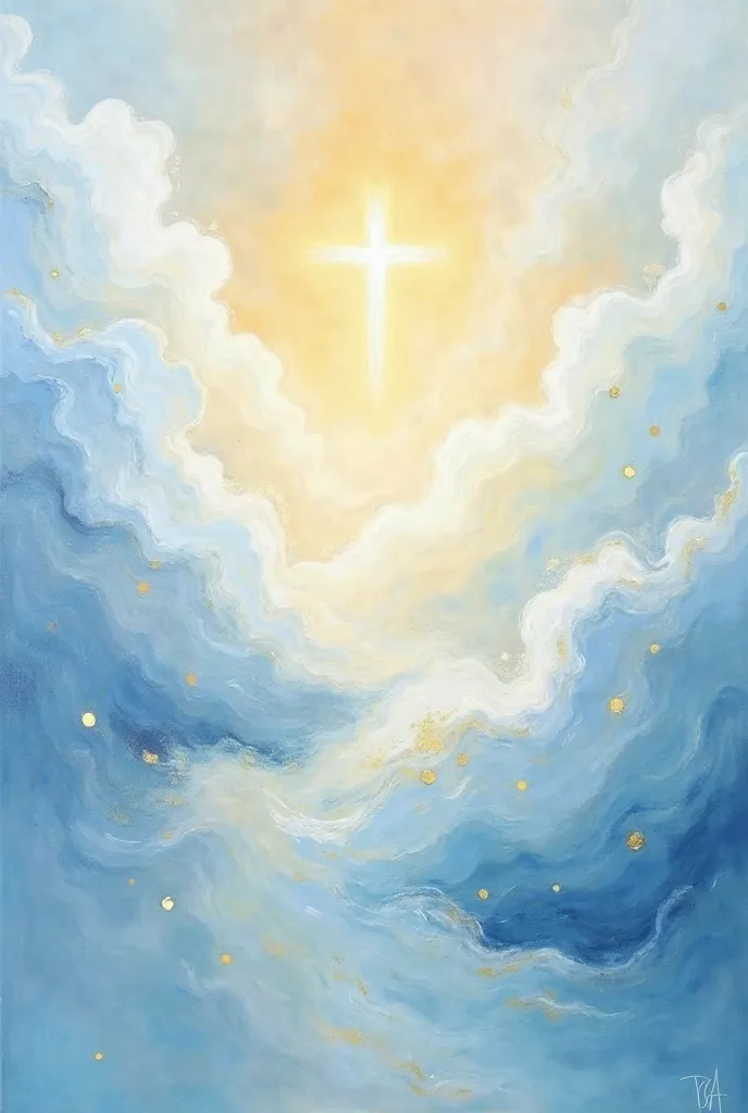 An abstract painting with soft shades of sky blue, white and gold,  evoking a sense of peace and spirituality . Wavy and fluid shapes flow harmoniously, as if they were the wind or the Holy Spirit moving in the scene. in the center, a diffused golden light...