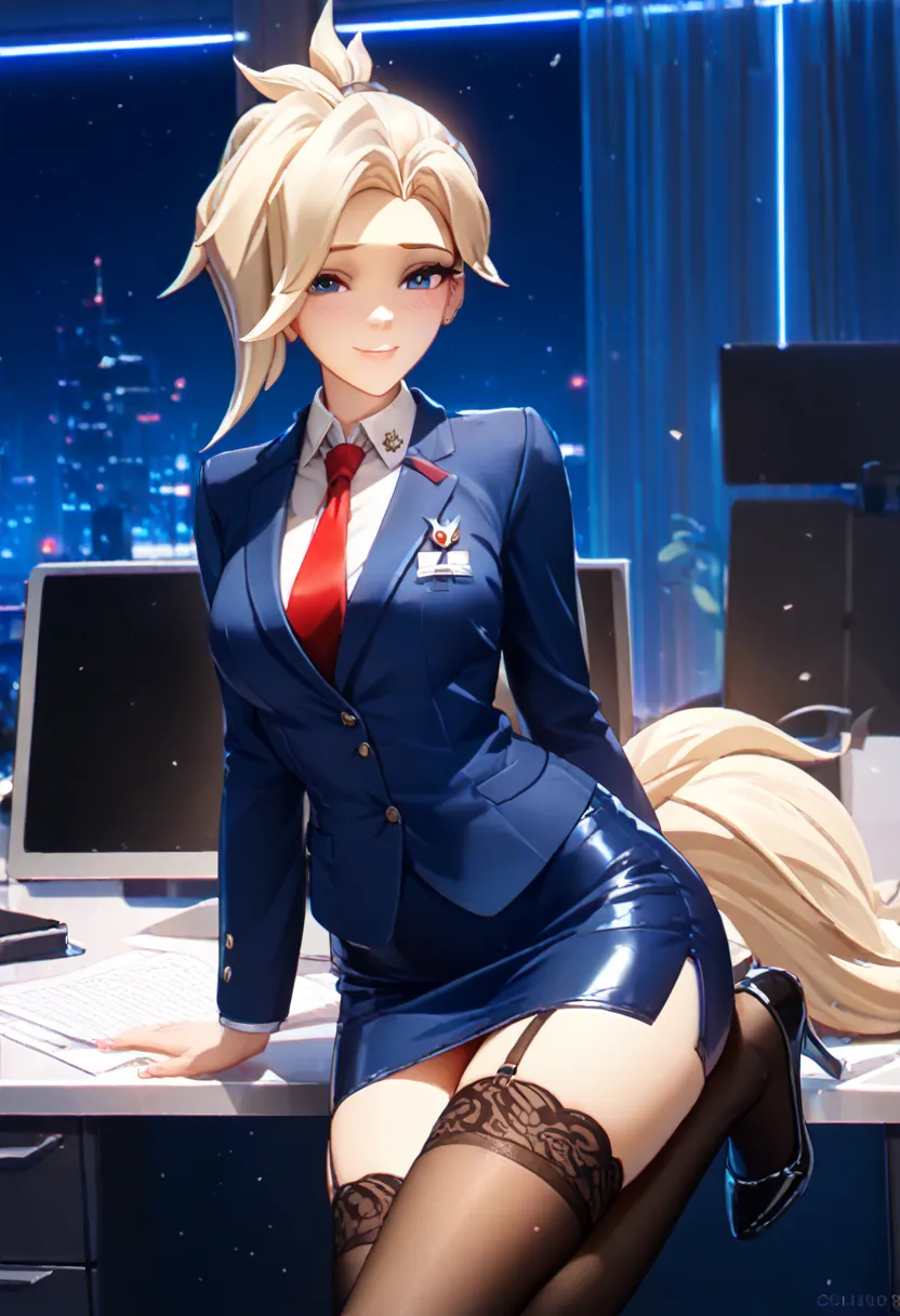 check_9, check_8_ upwards, check_7_ upwards,check_6_ upwards, check_5_ upwards, 1girl, mercy  (overwatch), One, cute face, blond hair,  tail,  light blush , make upwards, pomade,  medium firm breasts , seductive eyes, dark blue suit with stripes, (((three-...