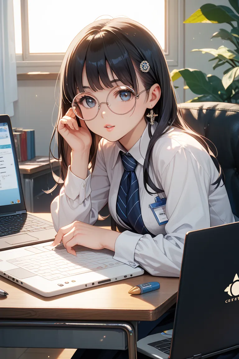 dispensing pharmacy clerk、I'm sitting in front of my、laptop at the reception desk、round glasses、young woman、 black hair、He is holding a ballpoint pen in his right hand