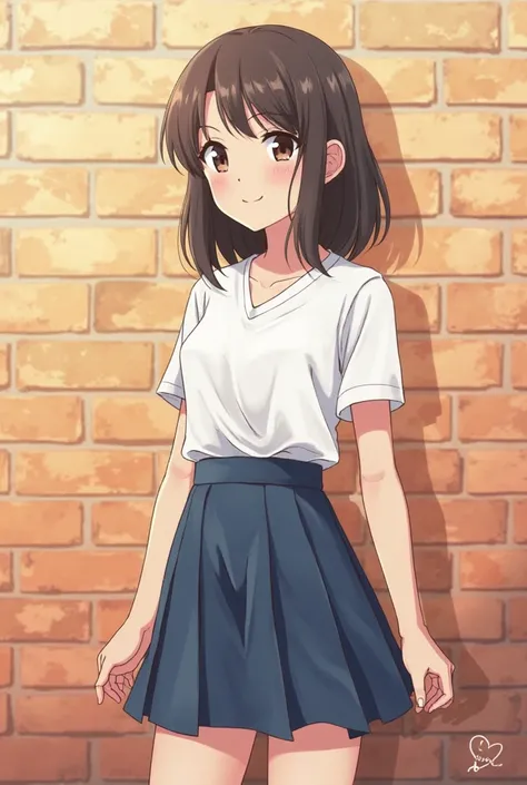 An anime-style illustration of a middle school girl standing beside a brick wall. She wears a white short-sleeved blouse and a deep blue pleated skirt. Her posture is relaxed, with a youthful and expressive look, capturing the essence of a typical school d...