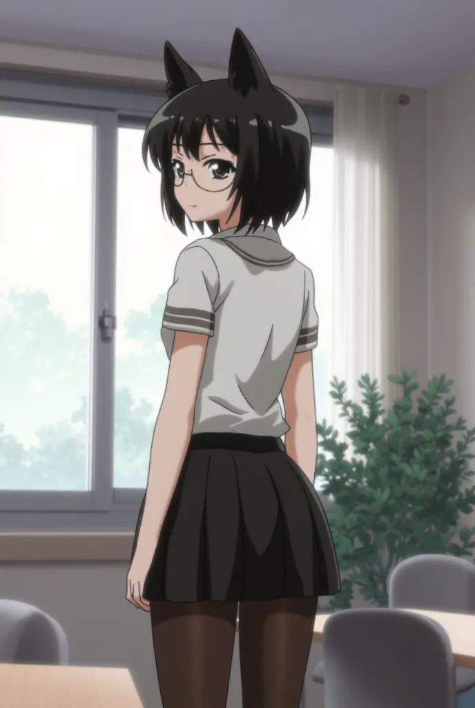 anime girl, with a very short secretary skirt, tight-fitting bartender-style t-shirt, black pantyhose, nice thighs, nice butt, short hair, wolf ears, nerdy glasses, serious look, from behind, anime screencap