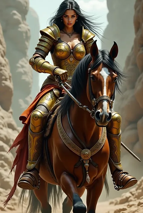 Make her armor simpler, Add more black details, Do her raising her sword high, Do the perky horse, do her with wavy hair and look fierce