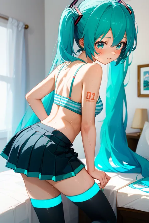        high quality  、       No posts             、    Masterpiece、1 person、woman 、        Hatsune Miku 、     turquoise hair  、         Long Twin Tails   、    provocative face 、    create perfect body line             、          make an anatomically accura...