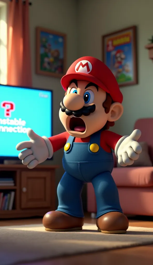 "Ultra-realistic 8K render of Mario screaming in frustration, with wide eyes and an open mouth. The TV screen displays 'Unstable Connection'. The room features a simple living room setup with a sofa, gaming posters on the walls, and natural lighting from a...