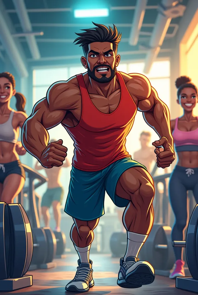 Give me a cartoon image of a brown man around 25 years old exercising at the gym