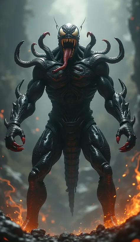 Create me a fusion of Scorpion from Mortal Kombat and Venom from Marvel, merging the appearance of the two characters