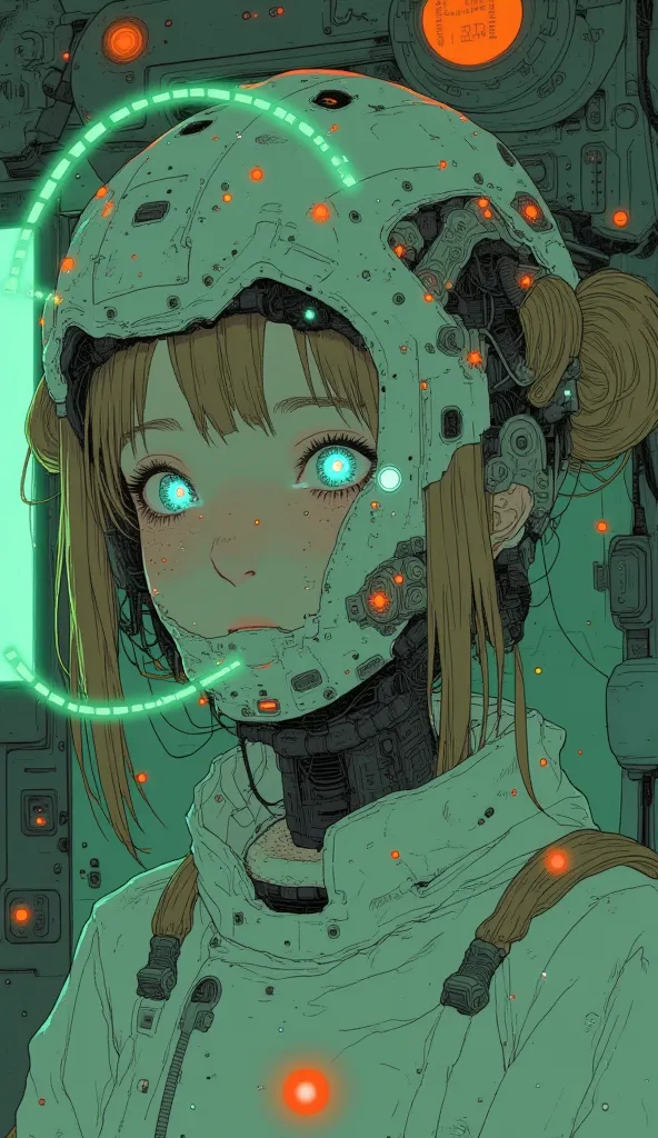 "Futuristic cockpit, A beautiful girl with light brown hair in twin tails exudes a noble elegance. Her Eyes,  bright blue with a star-shaped iris shining very detailed, An expression of suffering was on her face. She wears a white helmet that covers her fa...