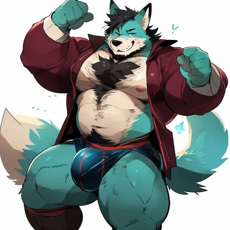 fox, furry, turquoise fur, handsome, very muscular, very big, extremely hot and sexy, beard, hair, chest hair, charming eyes, solo, male, happy expression, daddy, bulge, full body, big body, magenta medieval clothes, middle aged, by hyaku, by darkgem, by g...