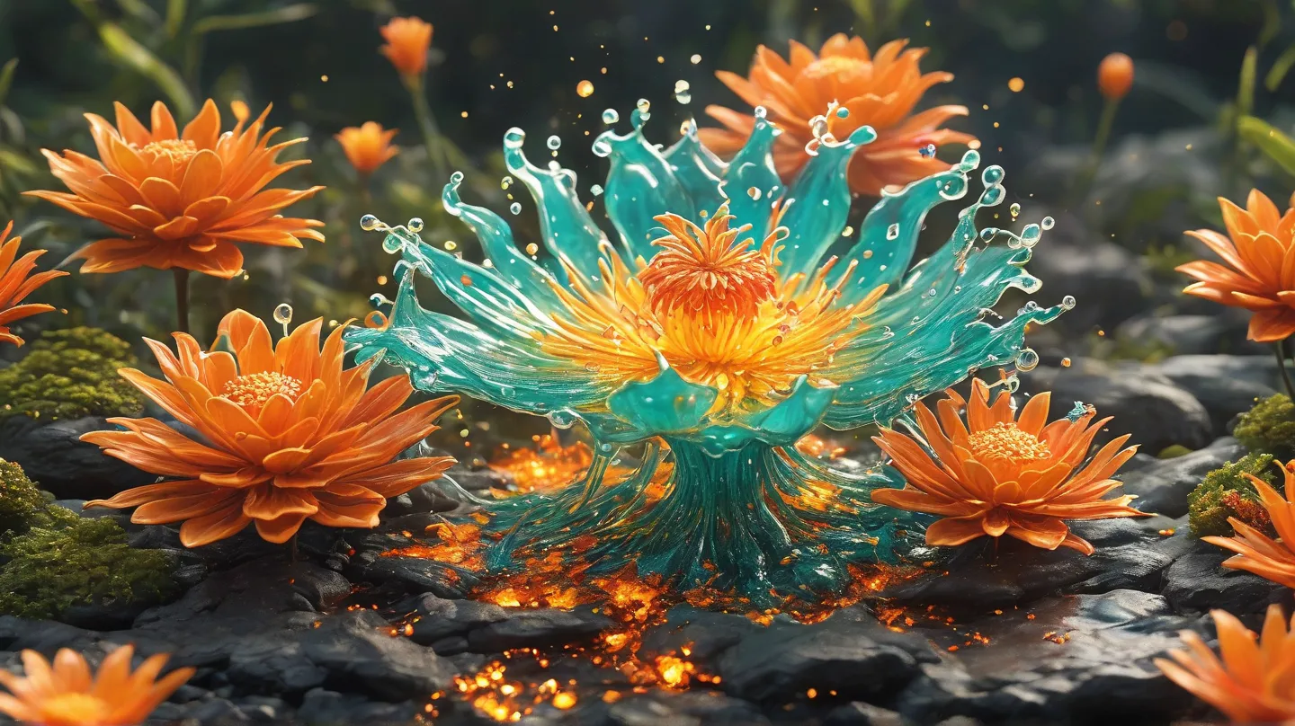 best quality, very good, 16K, Ridiculous,  extremely detailed, The gorgeous slime flame flower ，is made of clear boiling lava,  background prairie （（A masterpiece full of fantasy elements）））， （（best quality））， （（intricate details））（ 8,000）