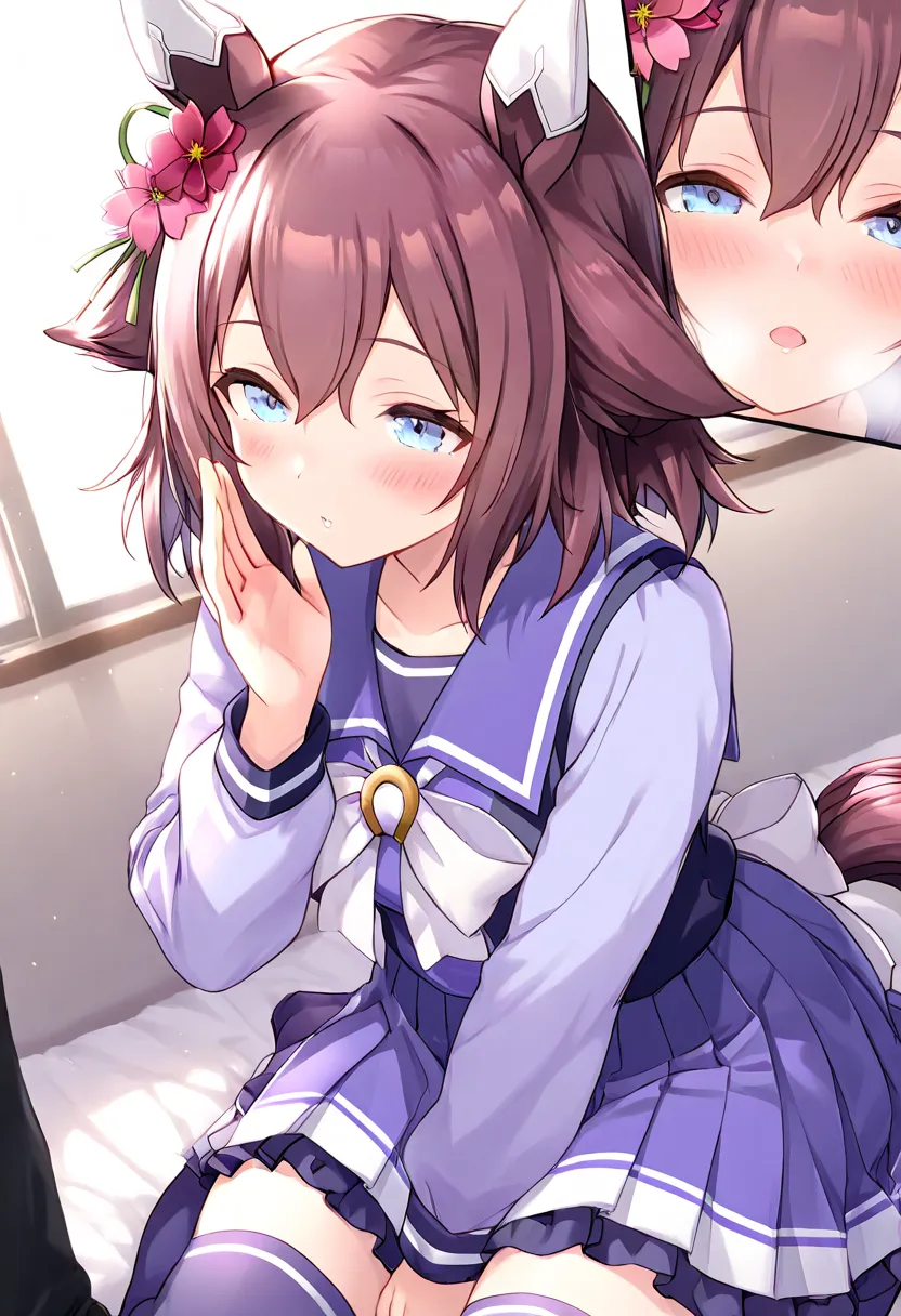 private room, close-up face, indoor, evening, (1girl), girl whispering in the ear, half closed eyes, blush, steam, umamusume, Sakura Chiyono O\(umamusume\), tracen school uniform, winter uniform, puffy long sleeves, sailor collar, purple shirt, white bowti...