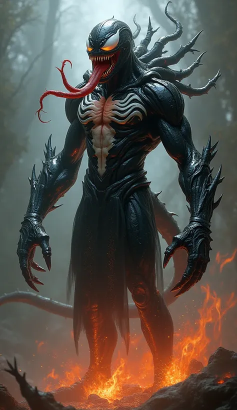 Create me a fusion of Scorpion from Mortal Kombat and Venom from Marvel, merging the appearance of the two characters