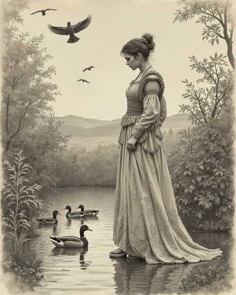 Davinchi style drawing of a young woman in medieval age, looking at her reflection in a pond, ducks at the pond, birds fly behind her, clear sky