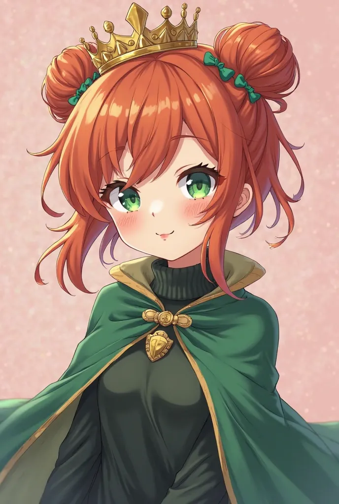 Young anime girl with green eyes and dark orange hair in a bun. She is wearing a dark green sweater, a green royal cape, and a gold crown and she's blowing a kiss at you with a pink background, she is winking at you