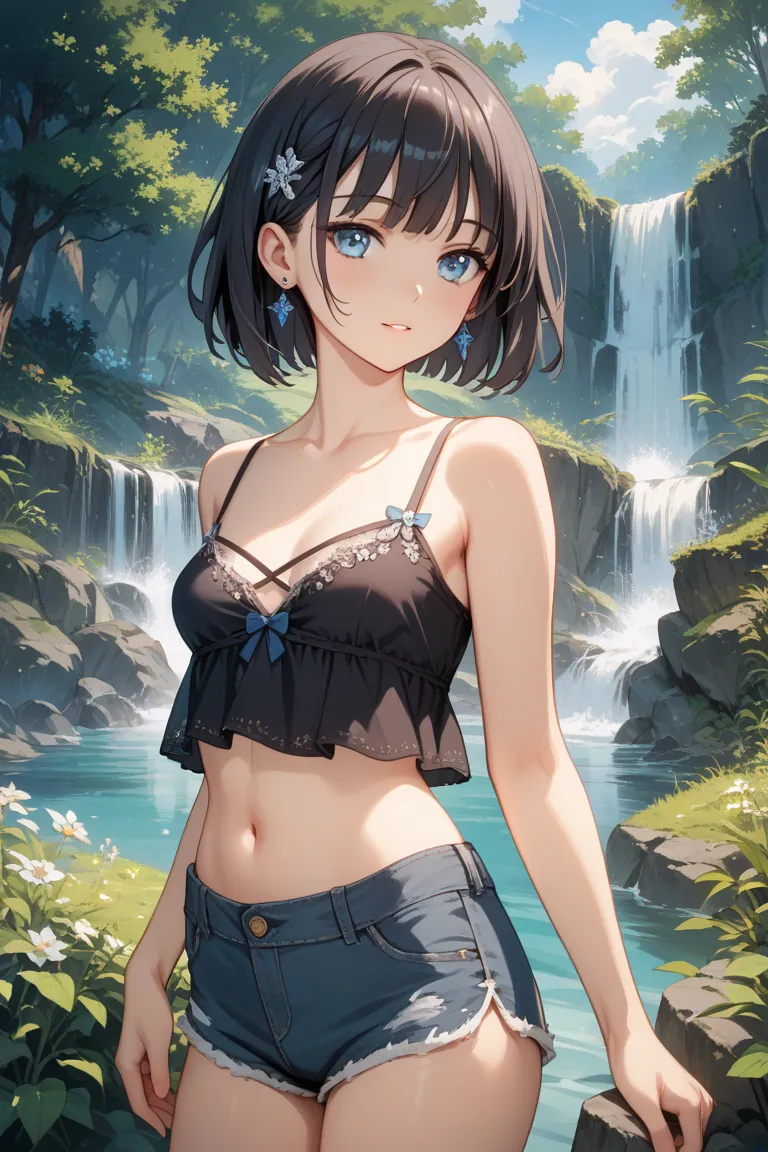  1girl , silver decoration solo, girl,SMALLE BREASTS, black camisole,shorts, blue eyes, Outdoors, dark hair, viewers,masterpiece, highest quality, very aesthetic, Ultra High Resolution    