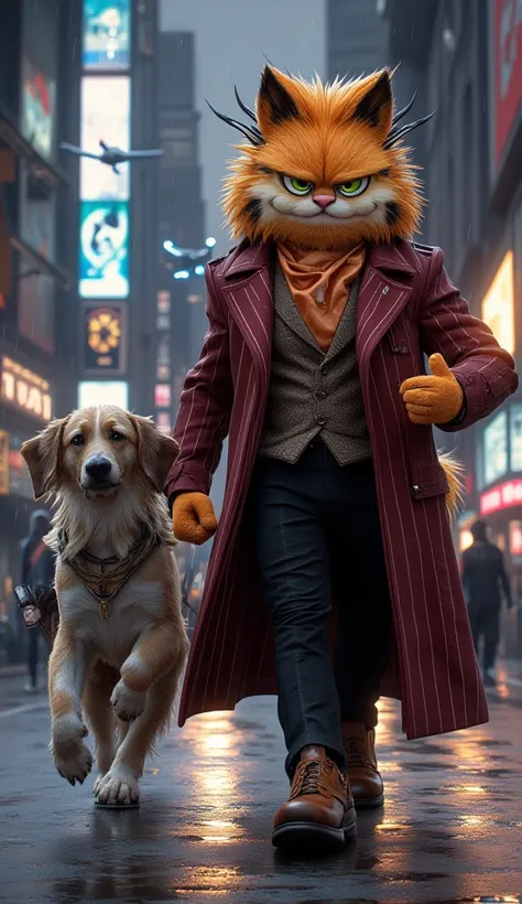 **Prompt:**  
"A **giant, humanoid Garfield**, reimagined in ultra-realistic detail, strides majestically alongside a **humanoid dog** on a bustling **city road**.  

**Garfield’s Appearance:**  
- **Face:** His iconic smug expression is amplified with ult...