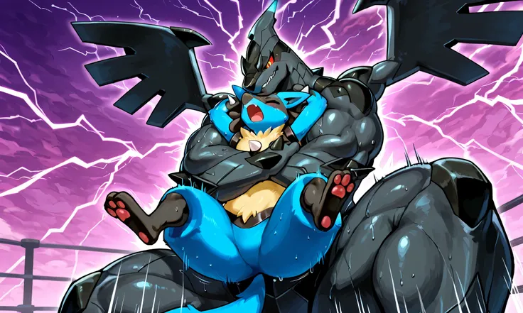giant feral zekrom, small feral lucario, wresling, side choke hold, [zekrom:carrying person, head lock from side, arms around neck, heavy weight bulky fat, giant plump muscular body, venis popping, evil grin, looking each other, spread legs wide, wearing w...