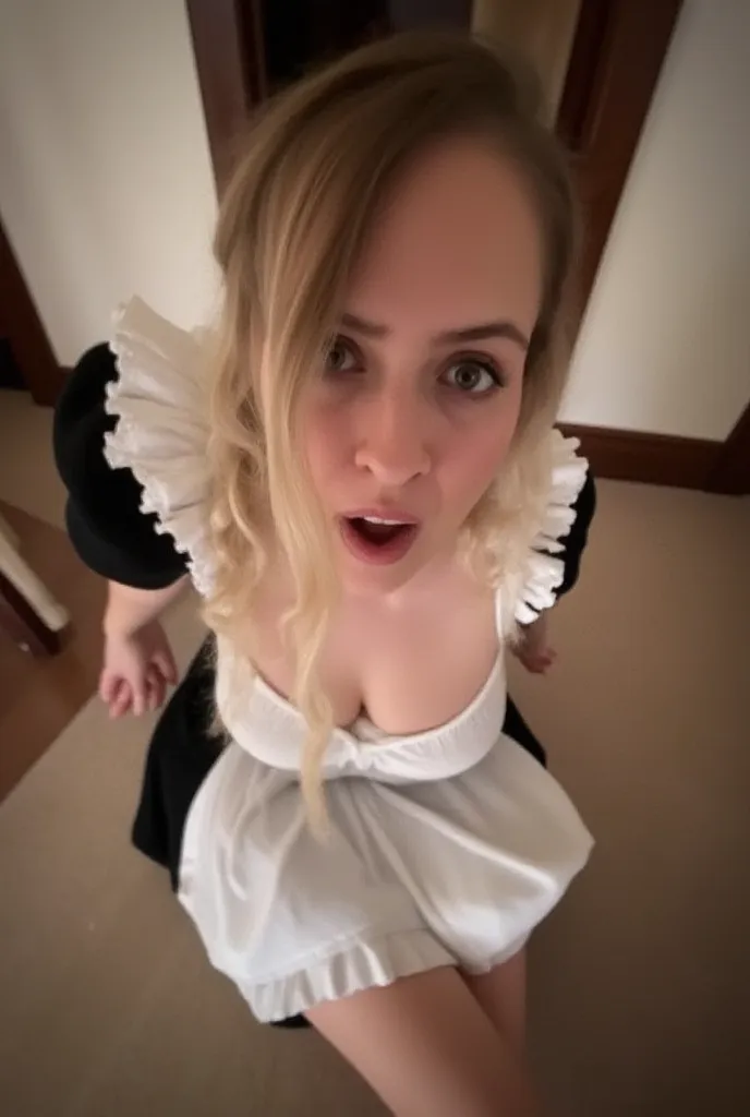 Maid Girl horny reaction to see a man's cock, view from above POV of her sitting on the floor with her mouth open, big breasts.