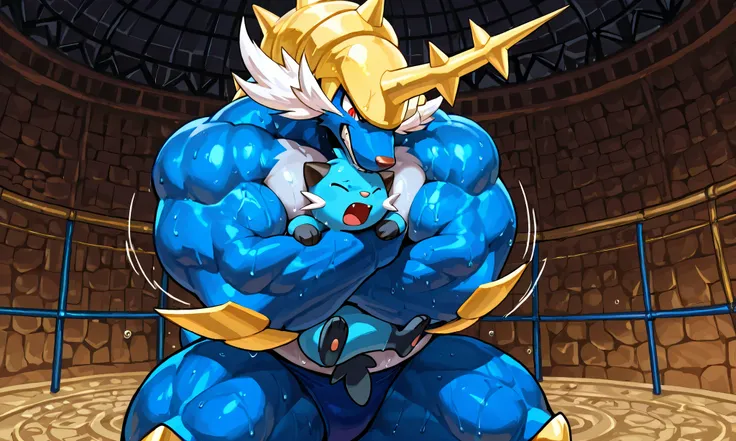 giant feral samurott, small feral dewott, wresling, side choke hold, [samurott:carrying person, head lock from side, arms around neck, heavy weight bulky fat, giant plump muscular body, venis popping, evil grin, looking each other, spread legs wide, wearin...