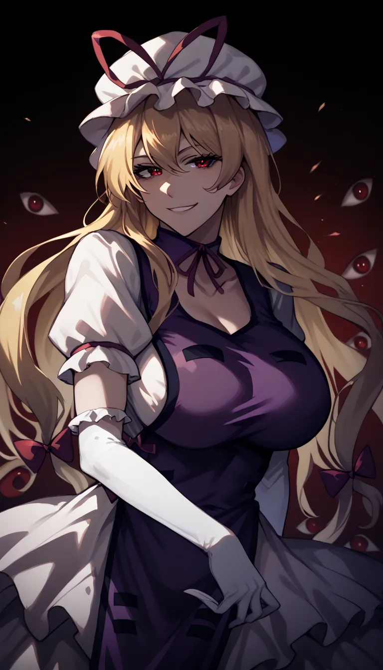 Give your images flat even illumination (negative) or dramatic chiaroscuro lighting (positive), looking at viewer, , huge breast,gap \(touhou\)A very dark place with a lot of red eyes,THYukari, mob cap, long blonde hair, hair ribbon, elbow gloves,
purple d...