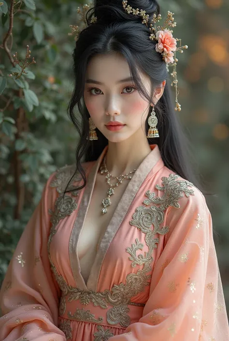 An Award Winning Portrait of a confident beautiful Asian woman with long black wavy hair in a loose updo, dressed in a beautiful diamond traditional koream flowy layered dress, big breasts,  big boobs, busty, knee-high boots, cat eye make-up,  beautiful ey...